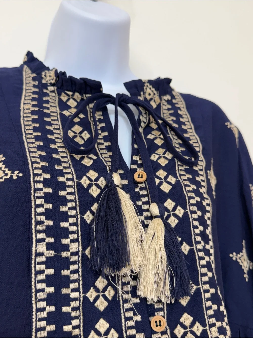 NWT Camellia Embroidered Boho Mini Dress - Size S Tassel Tie Neck- Navy - Picture 7 of 13